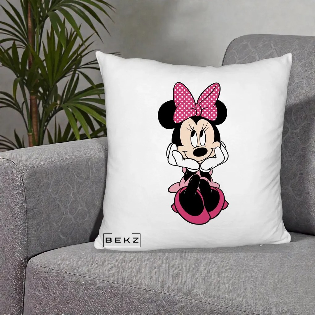 Perna Personalizata Minnie Mouse cu Fundita, 40x40 cm, Alb Pufos, Husa Detasabila, Perna Inclusa, BEKZ®