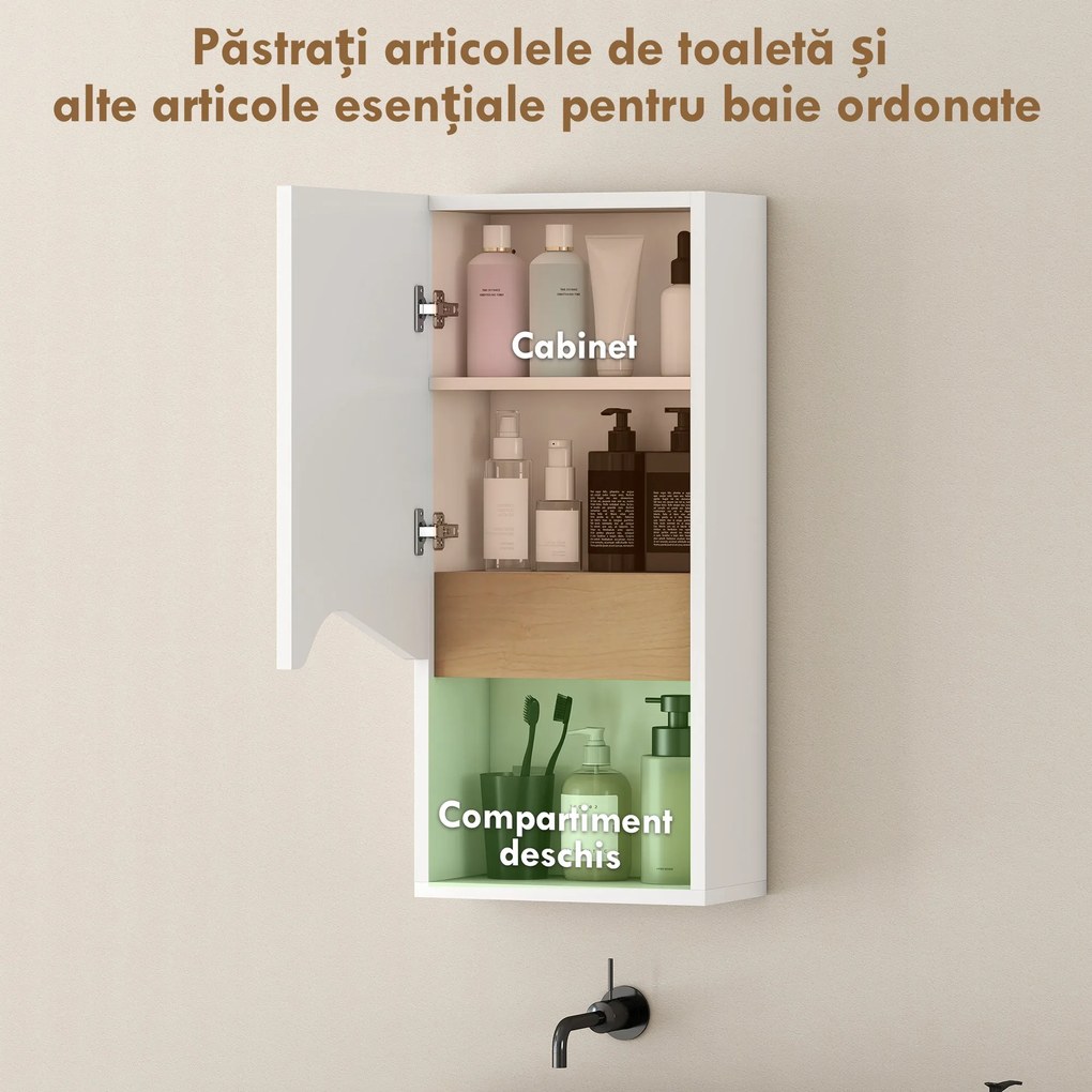 HOMCOM Dulap Suspendat pentru Baie cu Raft Deschis și Dulăpior Soft Close, Dulap cu Poliță Reglabilă, Spațiu de Depozitare Pe Perete, 30x17x67 cm, Alb și Lemn Natural | Aosom Romania