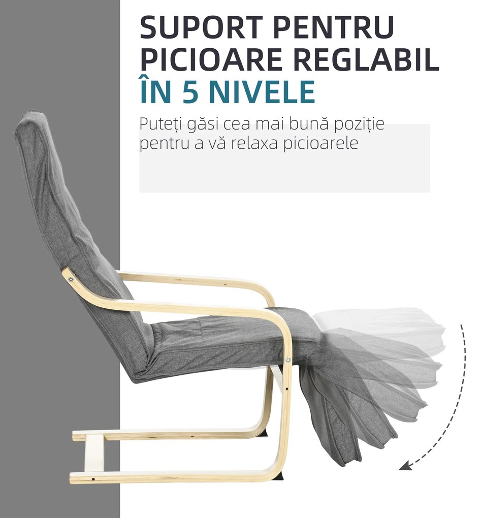 HOMCOM Fotoliu Relax cu Suport picioare pe 5 Niveluri si Tetiera, Fotoliu Ergonomic din Lemn de Mesteacan si Tesut, Gri