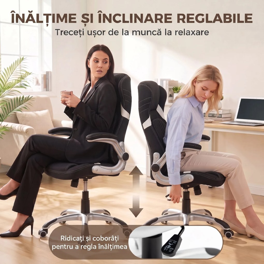 Vinsetto Scaun de Birou Ergonomic din Material Tip In, cu Suport Lombar, Înălțime Reglabilă, Funcție Balans, Negru | Aosom Romania