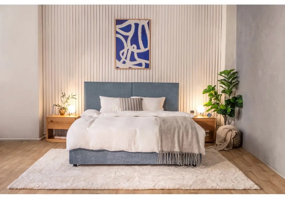 Pat matrimonial albastru tapițat cu spațiu de depozitare cu somieră 160x200 cm Myra Bold – Bonami Selection
