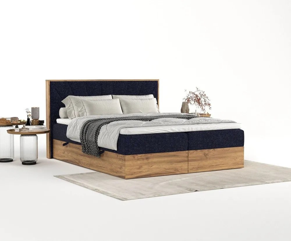Pat boxspring albastru închis/în culoare naturală cu spațiu de depozitare 200x200 cm Asahi – Maison de Rêve