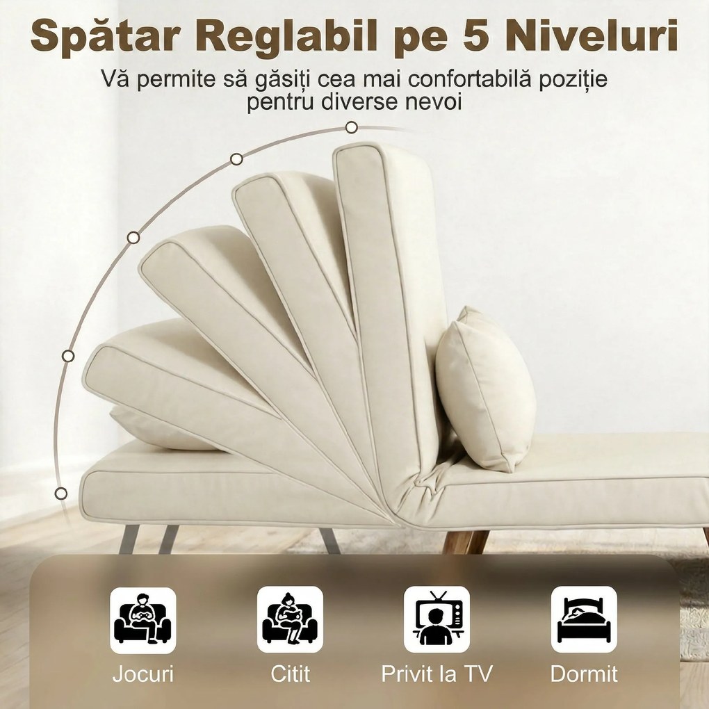 HOMCOM Fotoliu Pat 3 în 1, Reclinabil în 5 Trepte, Material Tip In, cu Pernă, Crem | Aosom Romania