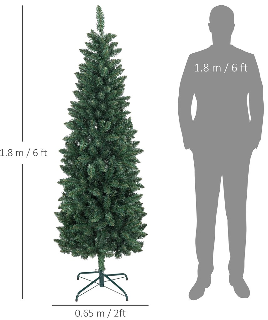 HOMCOM Brad Artificial de Crăciun cu 479 Ramuri, Brad de Crăciun Înalt și Îngust cu Bază Pliabilă, Ø65x180 cm, Verde | Aosom Romania