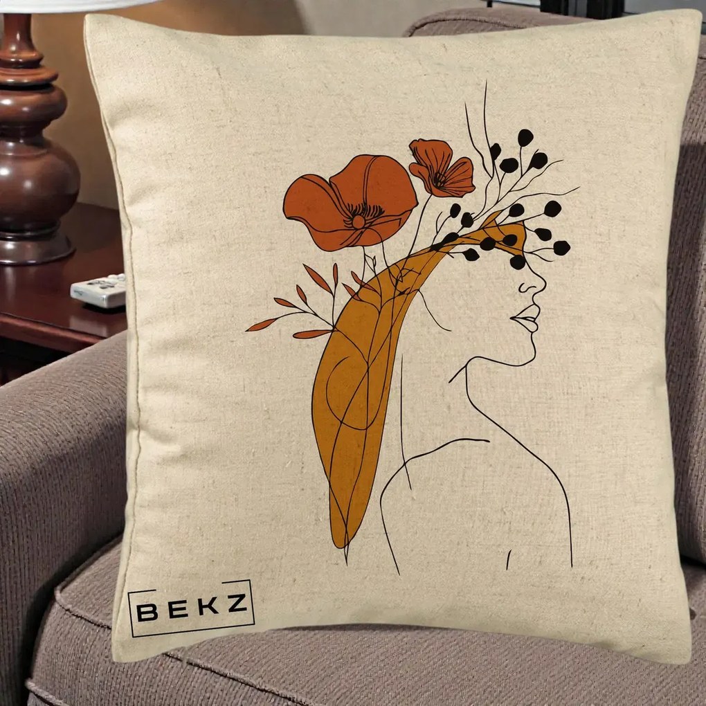 Perna Decorativa Portret Feminin Maci Rosii Auriu, 40x40 cm, Bej, Husa Detasabila, Perna Inclusa, BEKZ®