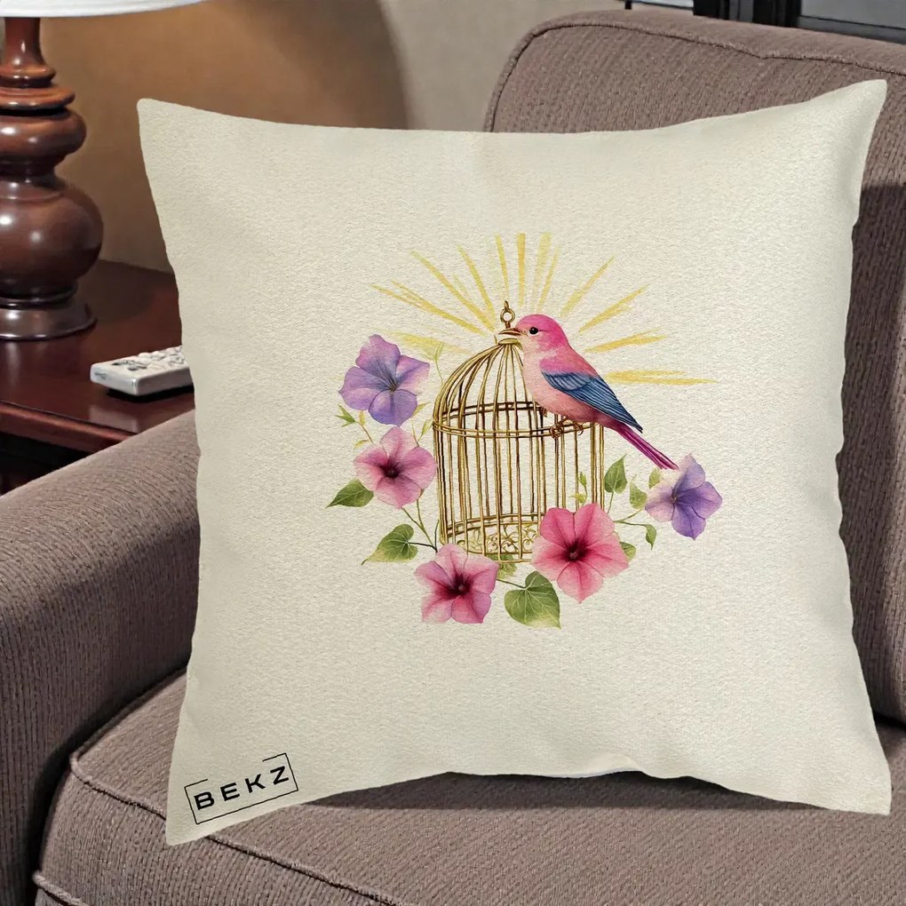 Perna Decorativa Pasare Roz pe Colivie Aurie cu Flori, 40x40 cm, Ecru, Husa Detasabila, Perna Inclusa, BEKZ®