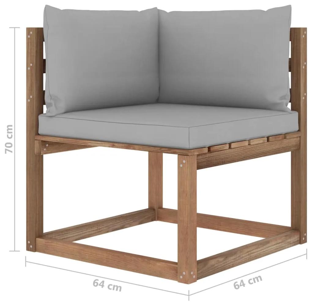 Set mobilier gradina paleti cu perne, 4 piese, lemn pin tratat Gri, colt + mijloc + suport pentru picioare + masa, 1