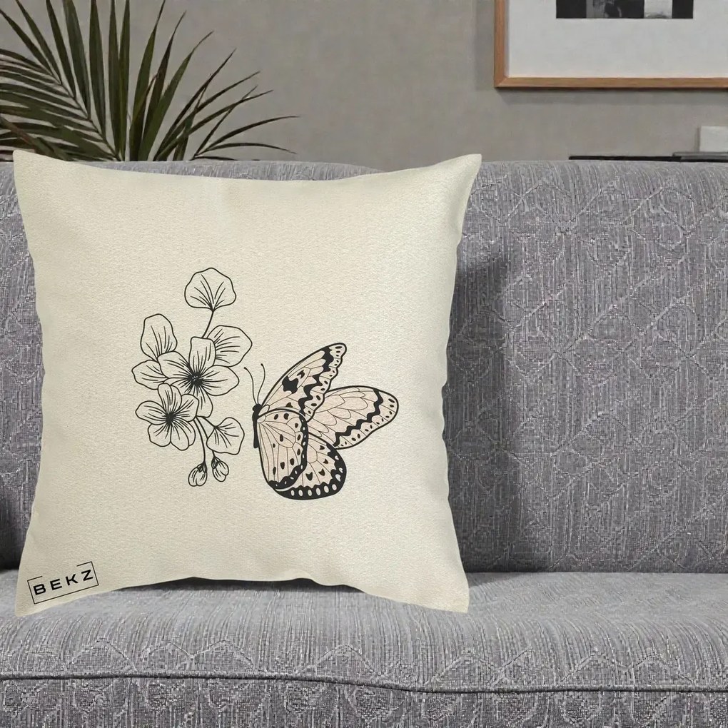Perna Decorativa Fluture si Flori Linie Monocroma, 40x40 cm, Ecru, Husa Detasabila, Perna Inclusa, BEKZ®
