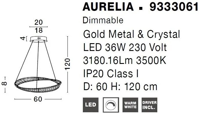 Lustra LED suspendata , dimabila, cristal design elegant AURELIA auriu 60cm