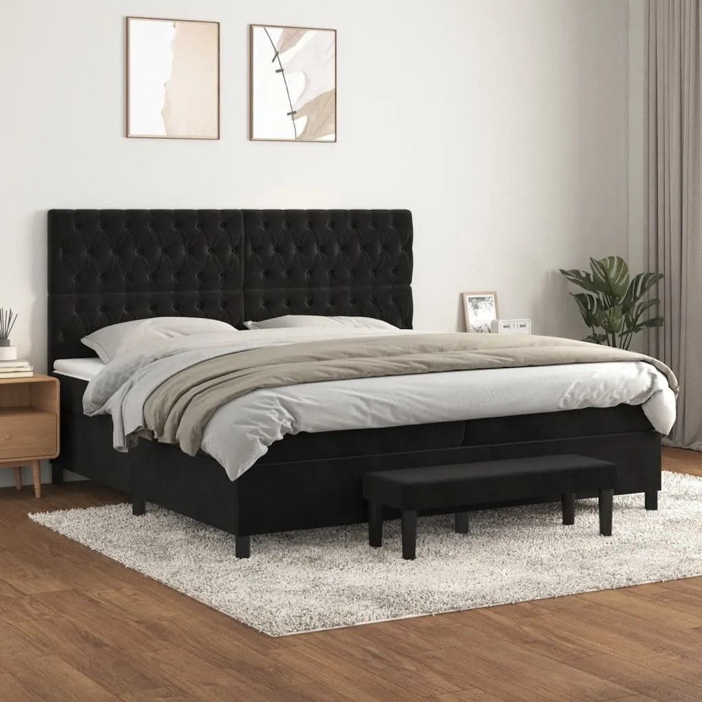 3138045 vidaXL Pat box spring cu saltea, negru, 200x200 cm, catifea