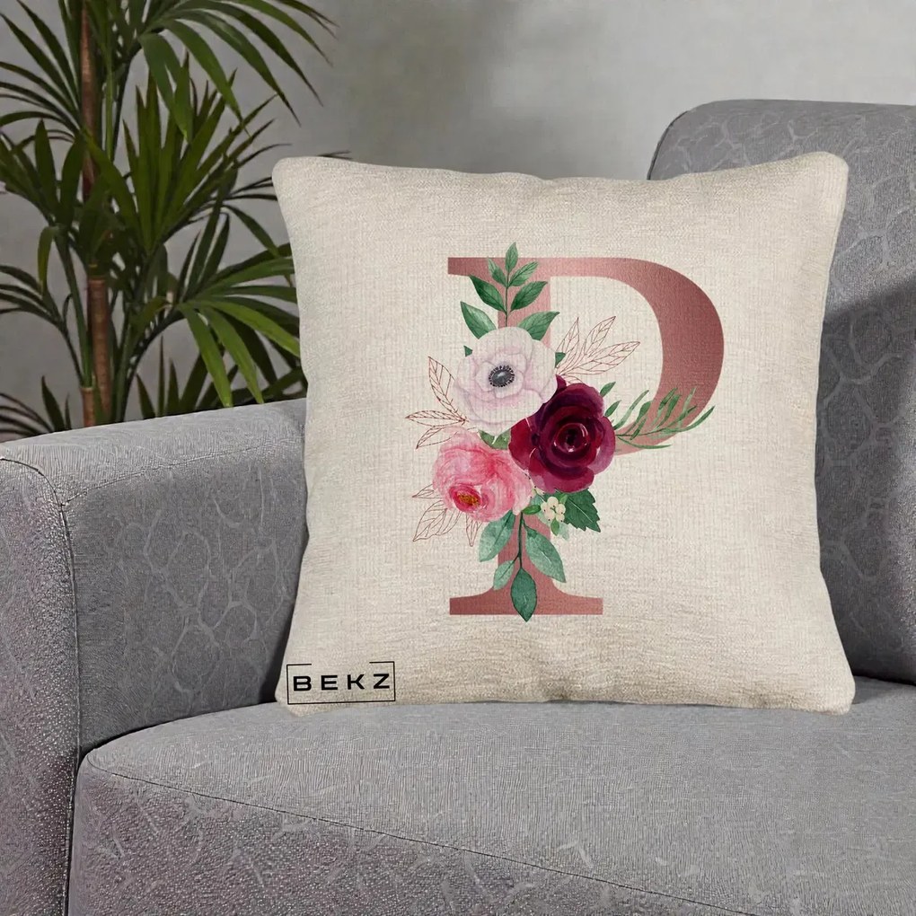 Cadou Personalizat - Perna Personalizata Monograma Rose Gold Litera P, 40x40 cm, Bej Canapea, Husa Detasabila, Perna Inclusa, BEKZ®
