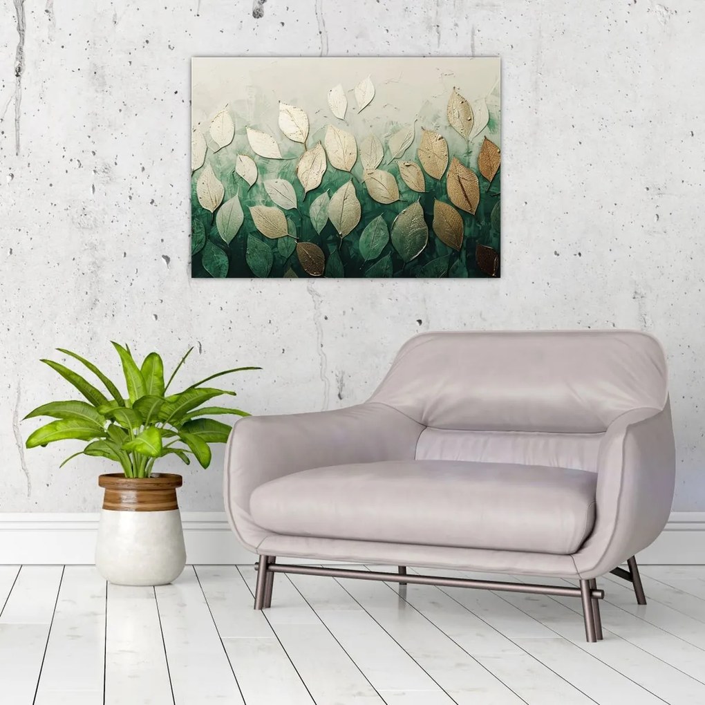 Tablou pe sticlă - Frunze verzi-aurii (70x50 cm)