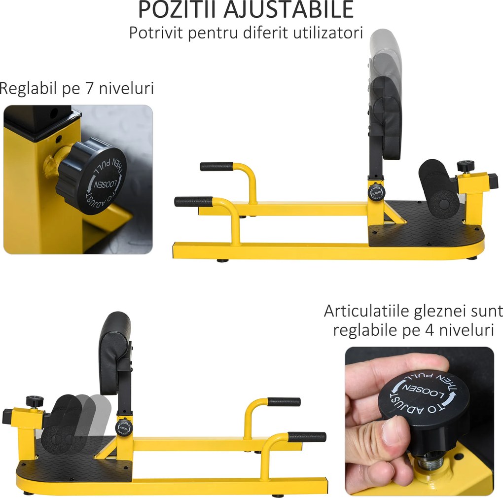 HOMCOM Aparat pentru Genuflexiuni 3 în 1 pentru Picioare, Abdominale și Flotări, 50x97x44,5-56,5 cm, Galben | Aosom Romania