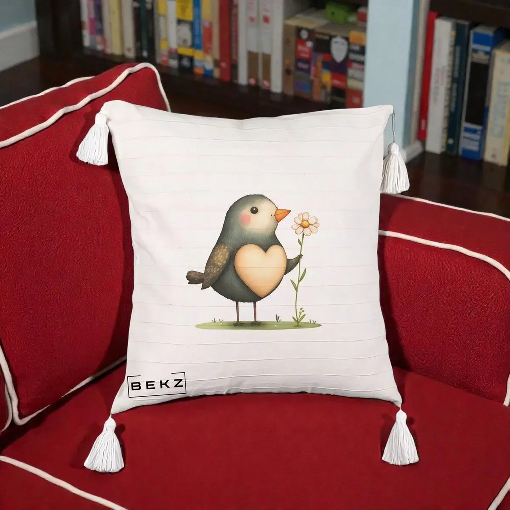 Perna Decorativa Pasare cu Inima si Margareta, 40x40 cm, Bej cu Franjuri, Husa Detasabila, Perna Inclusa, BEKZ®