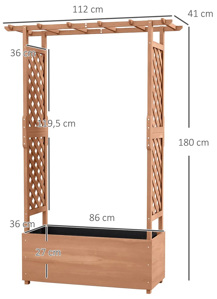 Outsunny Strat de Grădină Înălțat cu Grilaj și Acoperiș, Jardinieră din Lemn pentru Plante Cățărătoare, 112x41x180 cm, Maro | Aosom Romania