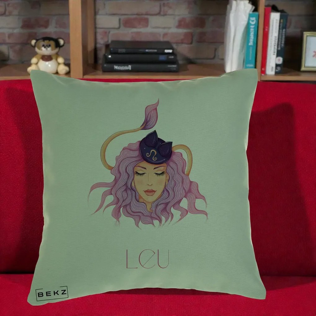 Perna Personalizata Zodie Leu, 40x40 cm, Verde, Husa Detasabila, Perna Inclusa, BEKZ®