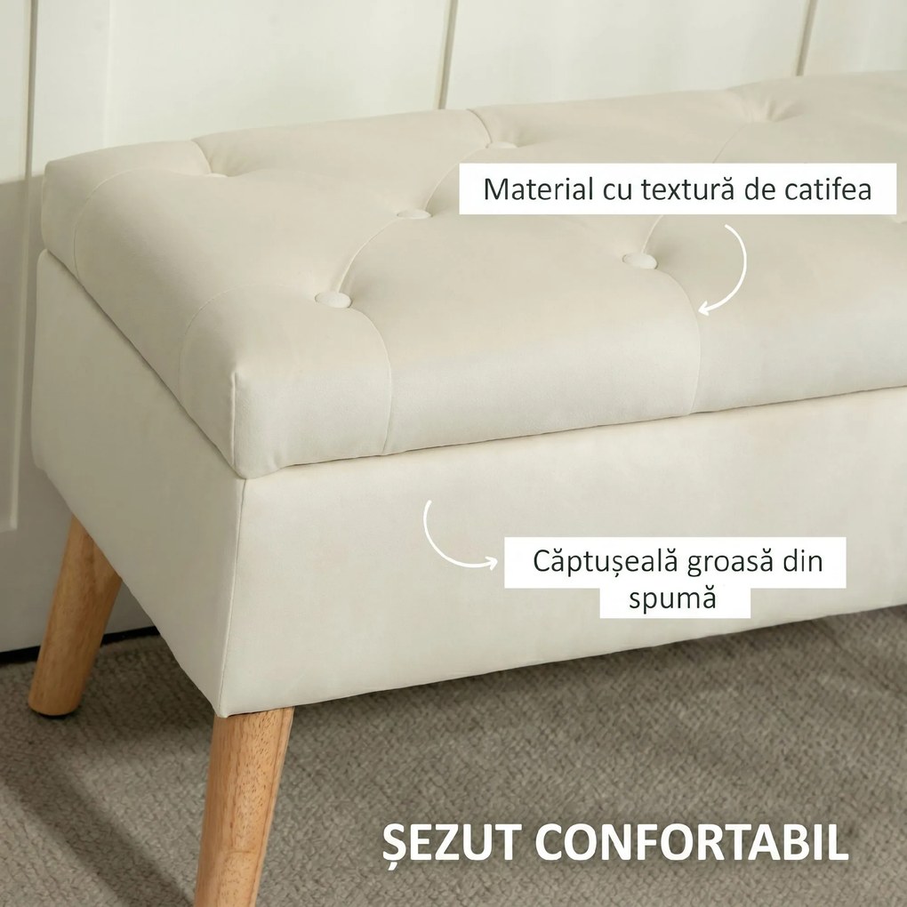 HOMCOM Taburet cu Depozitare In Catifea Picioare In Lemn Di Cauciuc 80x35x42 cm Crem | Aosom Romania