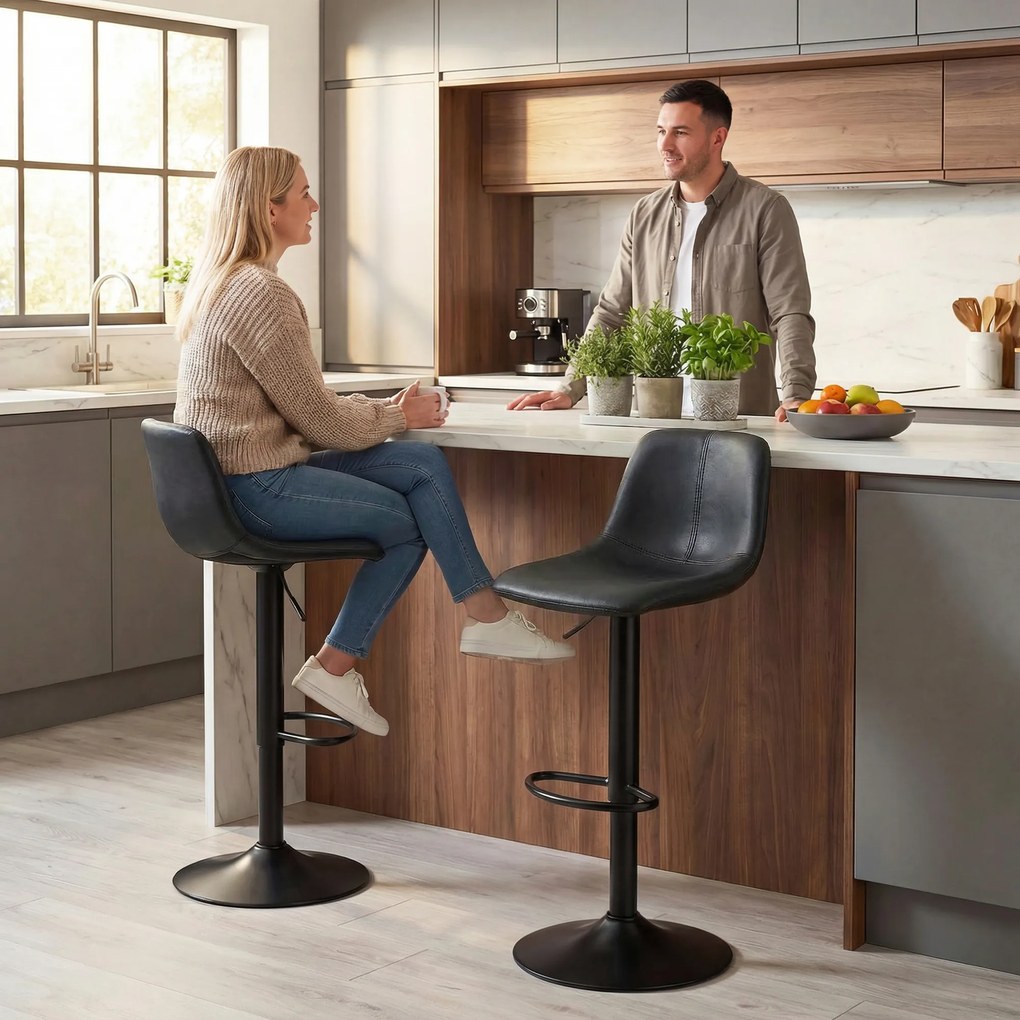 HOMCOM Set de 2 taburete de bar, scaune de bar cu înălțime reglabilă, spătar și suport picioare, rotative 360°, picioare din oțel, negru | Aosom Romania