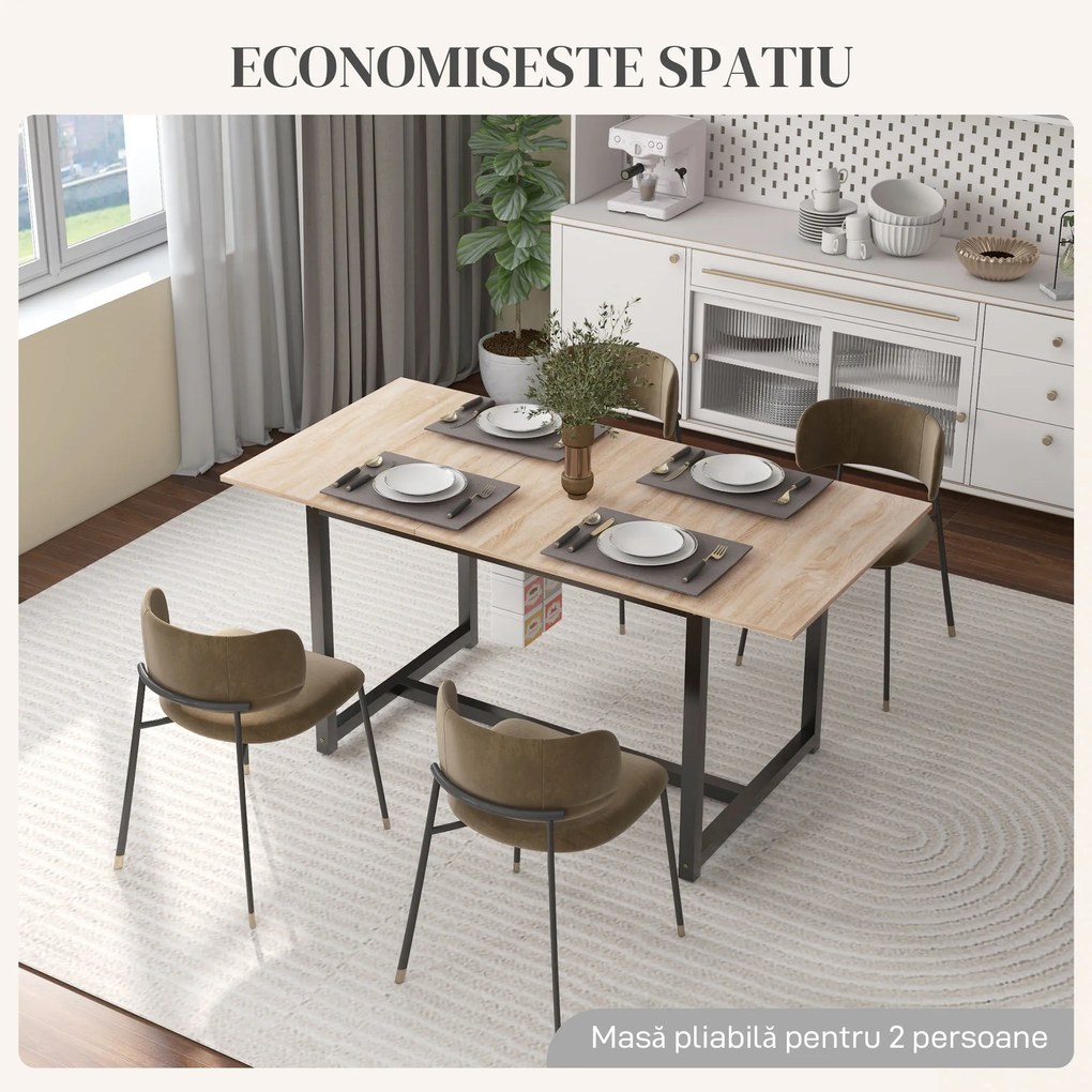 HOMCOM Masă Extensibilă pentru 4-6 Persoane Multifuncțională din Lemn și Oțel, 120-160x80x75,5 cm, Lemn Natural | Aosom Romania