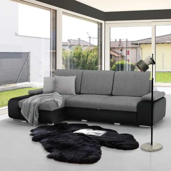 Colţar, piele ecologică negru/material textil gri, model stânga, LATE