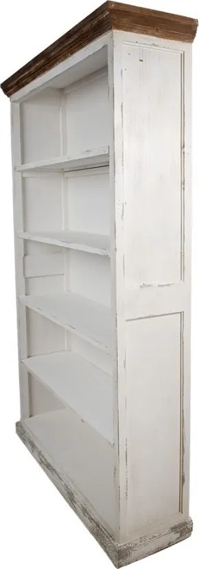 Bibliotecă vintage din lemn, alb, cu 5 rafturi deschise și cornișă profilată în ton natur, 195 x 120 x 36 cm, „Librarie”