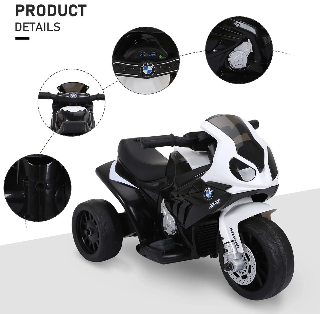 HOMCOM Motocicletă Electrică pentru Copii Licențiată BMW, 3 Roti, Baterie 6V, Alb și Negru | Aosom Romania