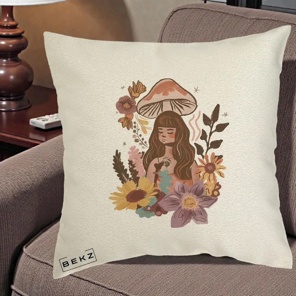 Perna Decorativa Fata Ciuperca Boho Florala, 40x40 cm, Ecru, Husa Detasabila, Perna Inclusa, BEKZ®