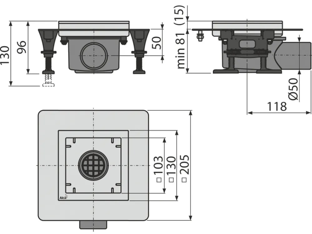 Sifon pardoseala din otel inoxidabil, fara gratar, low, 130x130 mm iesire laterala APV120