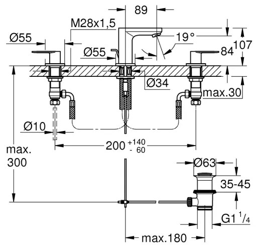 GROHE 20187000-Baterie pentru lavoar cu 3 găuri EUROSMART COSMOPOLITAN DN 15 crom