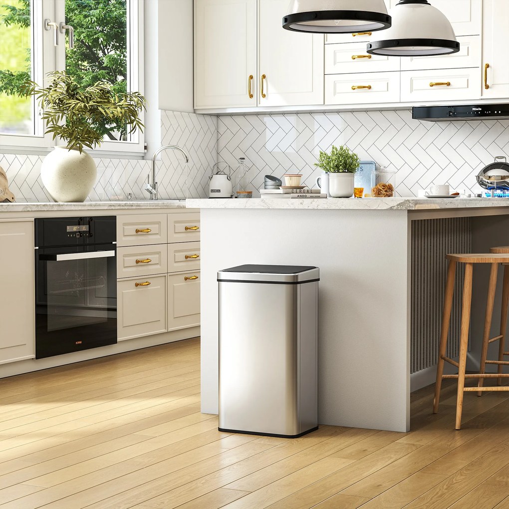 HOMCOM Coș de gunoi cu senzor de 50L, capac cu închidere lină, coș de gunoi automat din oțel inoxidabil, argintiu | Aosom Romania