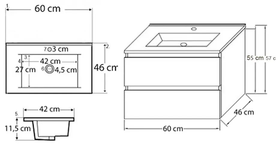 Mobilier de baie Porto 60 inferior cu lavoar alb