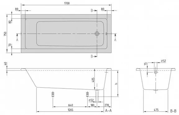 Cada dreptunghiulara Villeroy & Boch, Targa Plus Solo, 170 x 75, alb alpin