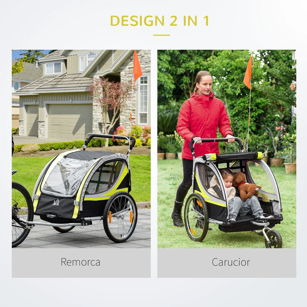 HOMCOM Remorca pentru bicicleta pentru copii 2 in 1, centura in 5 puncte, geanta de depozitare, reflector, steag, galben | Aosom Romania