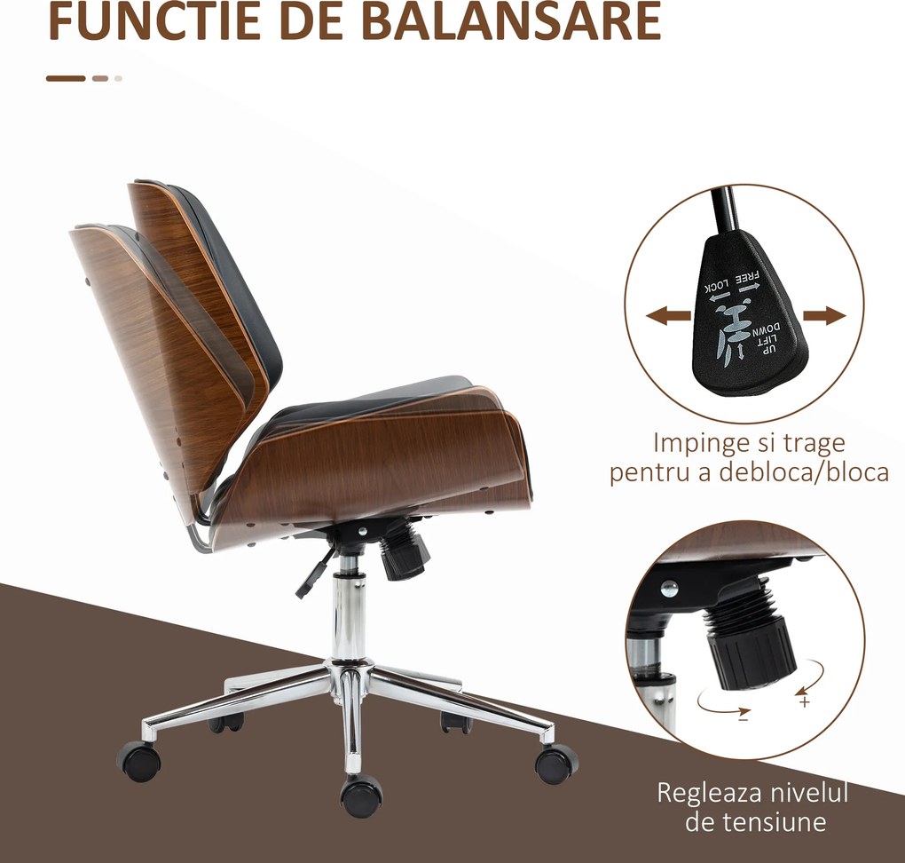 Vinsetto Scaun de birou Vintage, căptușit, din piele ecologică, lemn și oțel, 53x60x86-96 cm, negru și maro închis | Aosom Romania