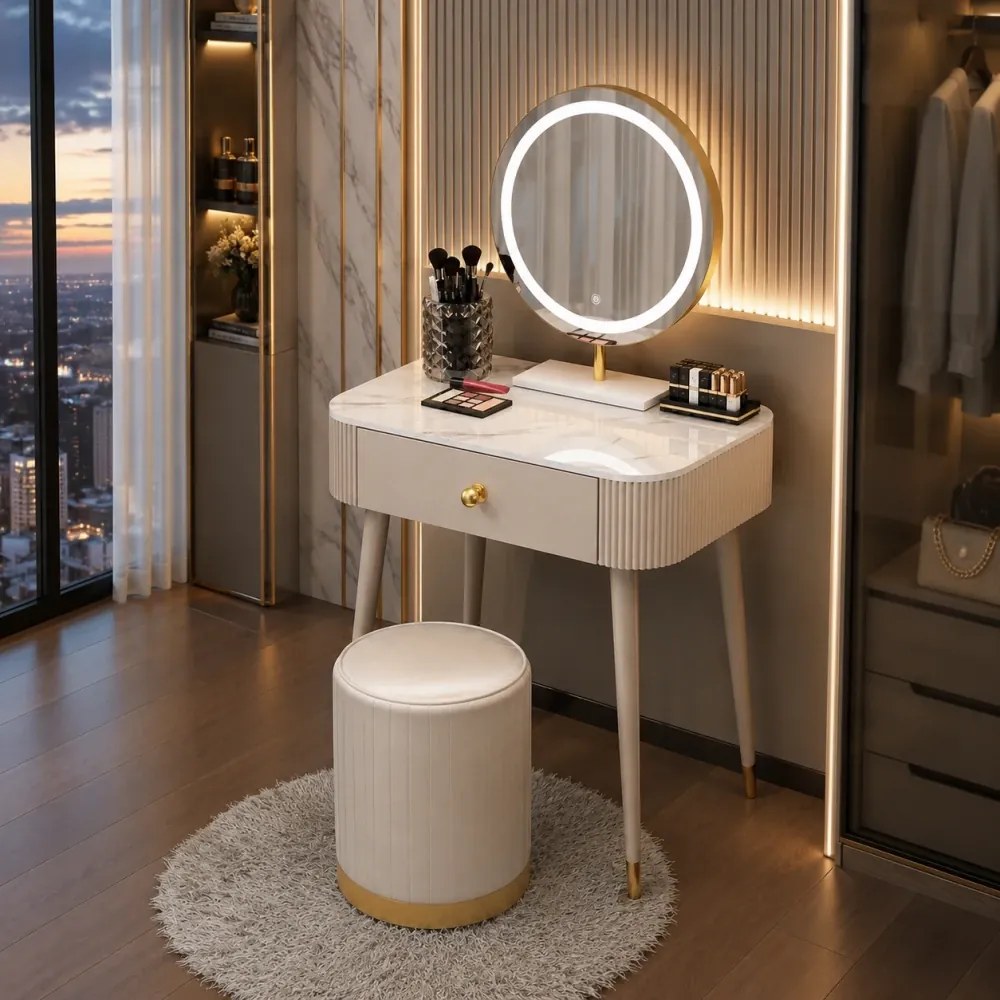 Set VICTORIA GLAM – Masă de Toaletă pentru Machiaj, cu Oglindă LED și Taburet, Accente Aurii și Blat cu efect marmură, Alb