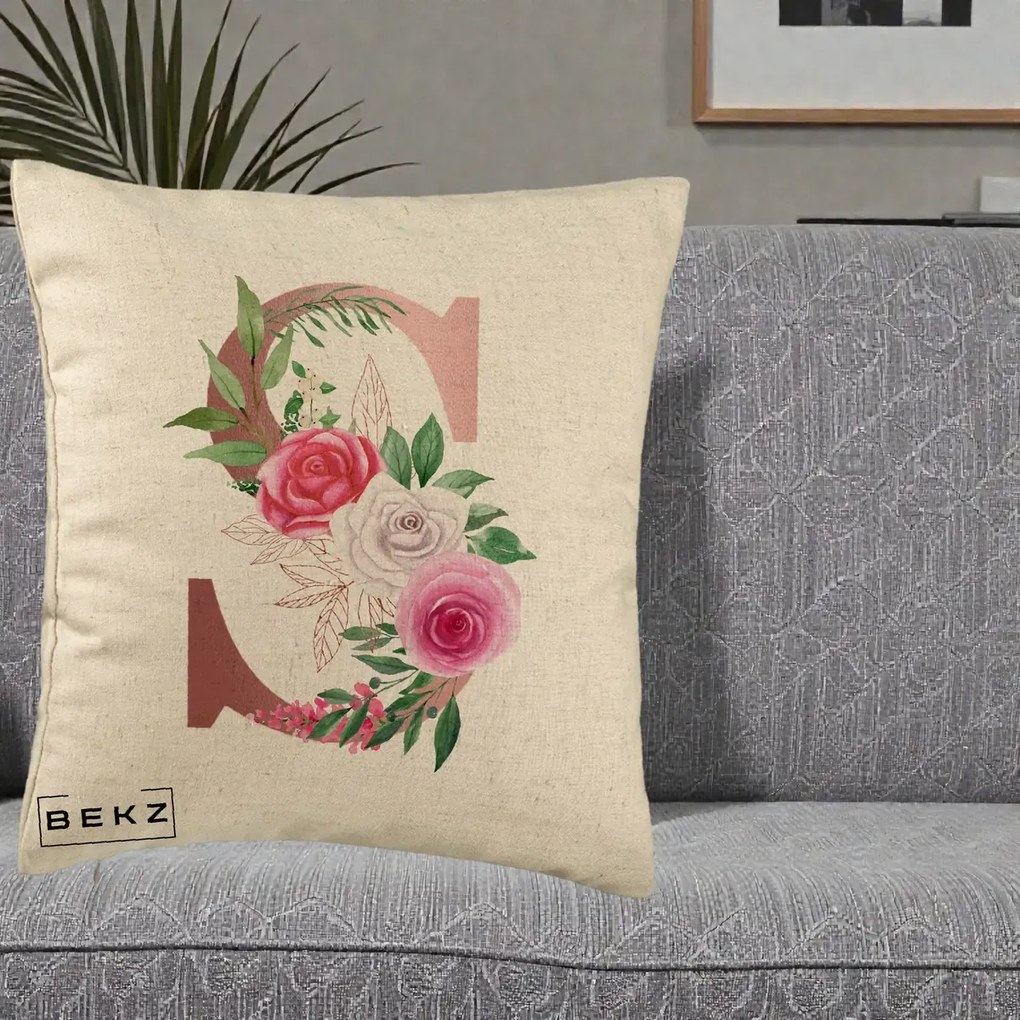 Cadou Personalizat - Perna Personalizata Monograma Rose Gold Litera S, 40x40 cm, Bej, Husa Detasabila, Perna Inclusa, BEKZ®