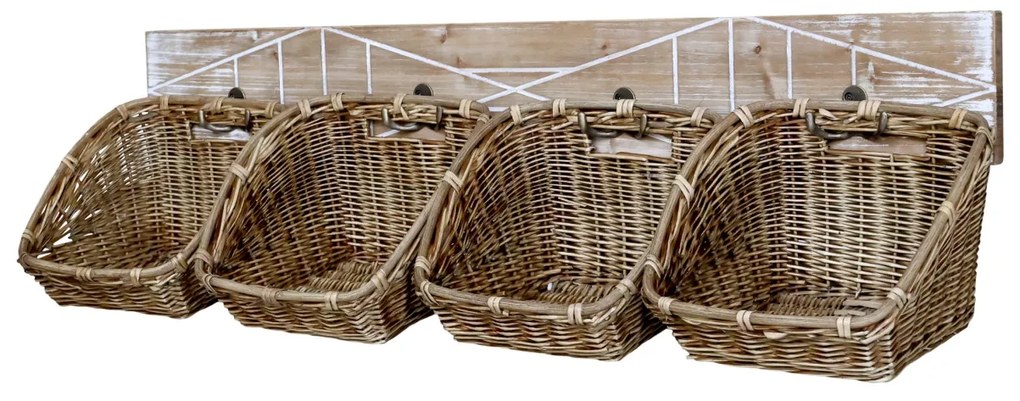 Suport de perete cu 4 coșuri din rachita, H23/L95/W26.5 cm