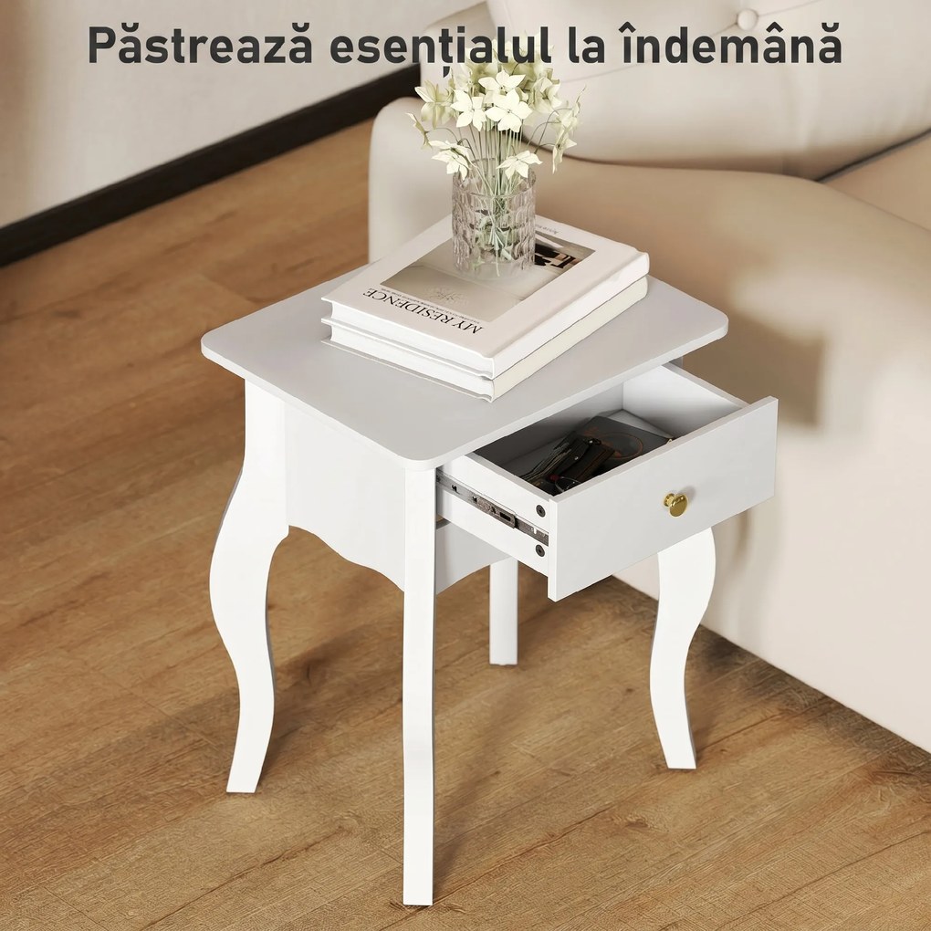 HOMCOM Măsuță de Living cu Sertar în Stil Francez 45x35x55 cm, Alb | Aosom Romania
