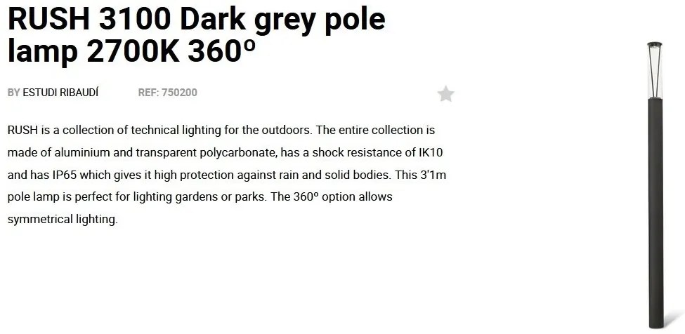 Stalp LED iluminat exterior simetric 360º IP65 RUSH 310cm 2700K