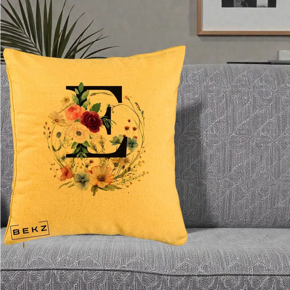 Cadou Personalizat - Perna Personalizata Monogram Litera E cu Flori Acuarela, 40x40 cm, Galben, Husa Detasabila, Perna Inclusa, BEKZ®