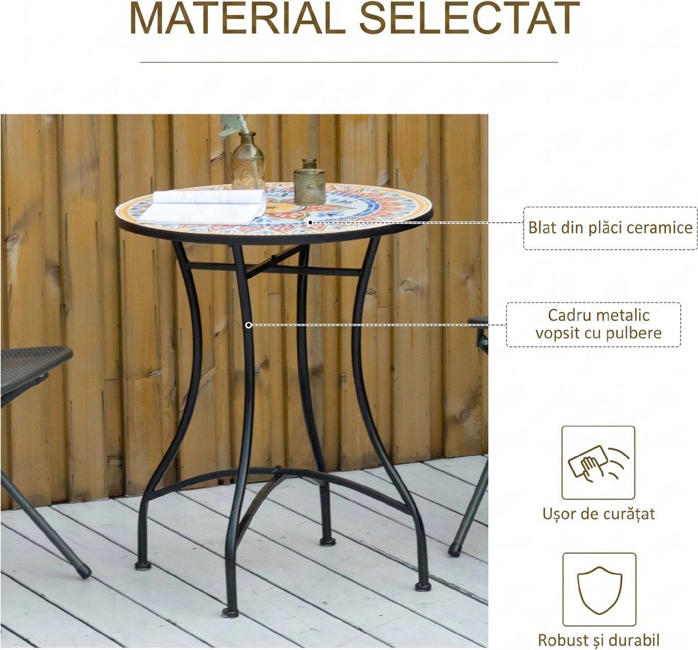 Outsunny Masa Rotunda Stil Bistro de 60 cm cu Mozaic pentru Gradina, Veranda, Exterior, Balcon, Gri | Aosom Romania