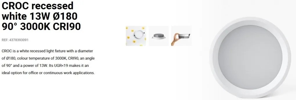 Spot LED incastrabil recessed white 13W 18cm 90 grade 3000K CRI90