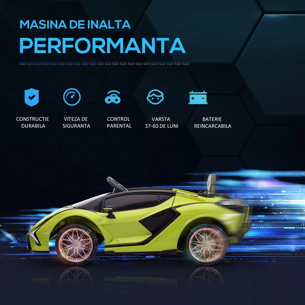 Masina electrica pentru copii 12V Lamborghini, telecomanda, viteza 3-8 km/h, 108x62x40cm, Verde HOMCOM | Aosom Romania