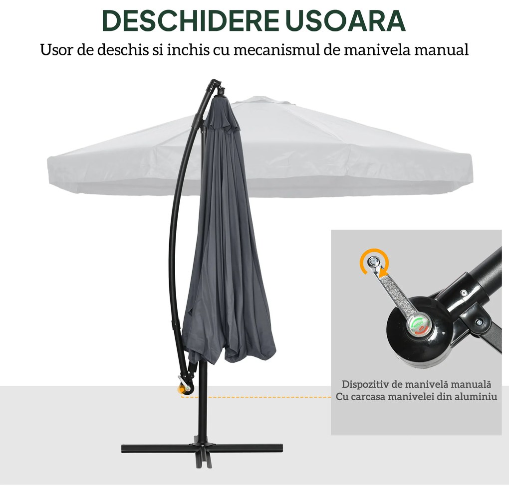 Outsunny Umbrelă de Soare cu Plasă de Țânțari, Deschidere cu Manivelă și Bază Transversală, 295x295x240 cm, Gri | Aosom Romania
