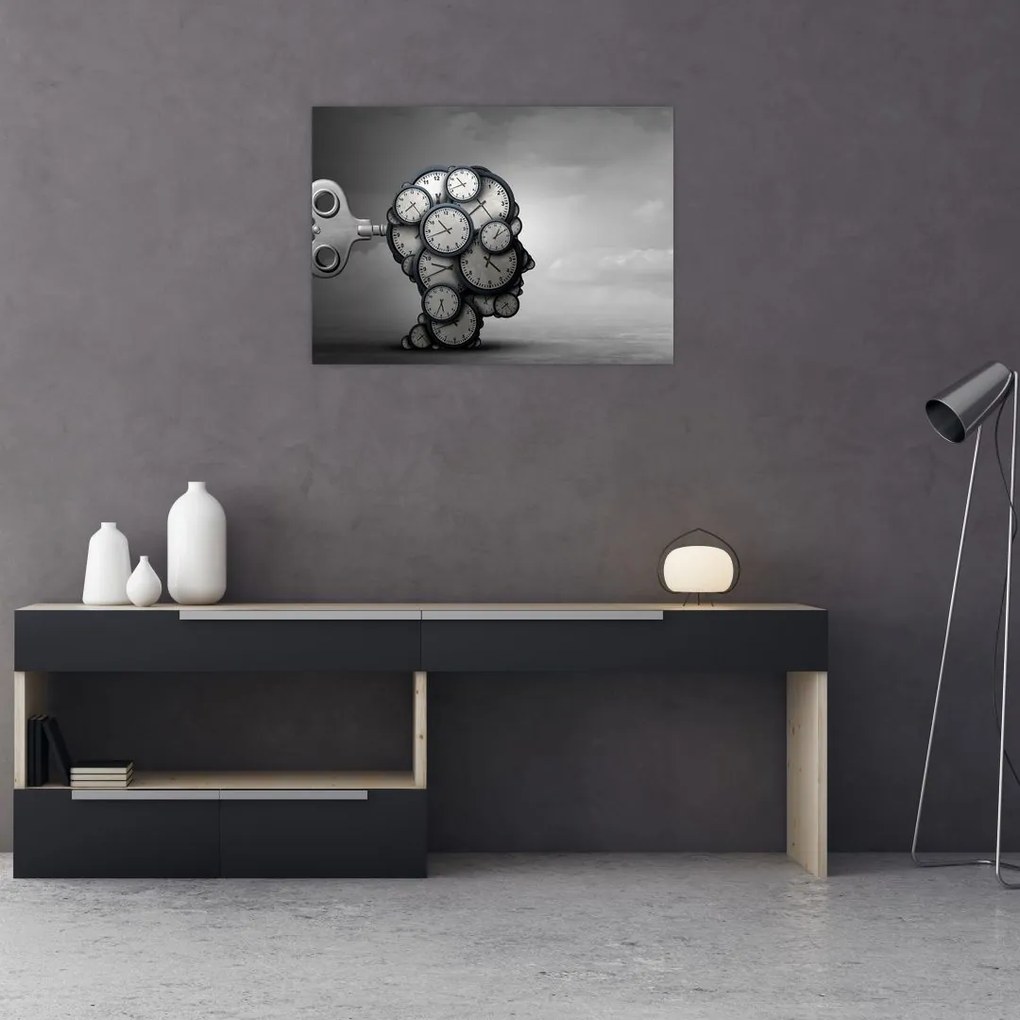 Tablou pe sticlă artistic cu cu cap și ceas (70x50 cm)