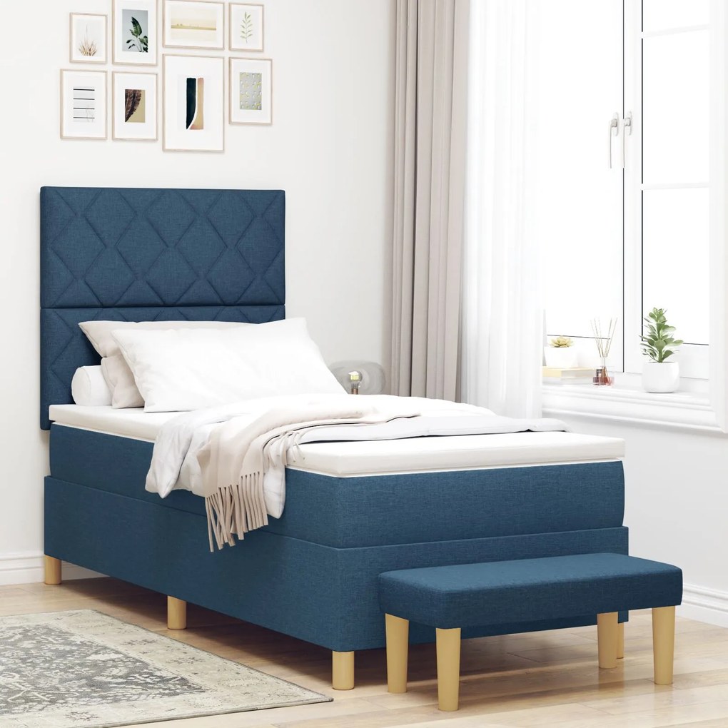 vidaXL Pat cu arcuri cu saltea și bancă albastră 100x200 cm din țesătură