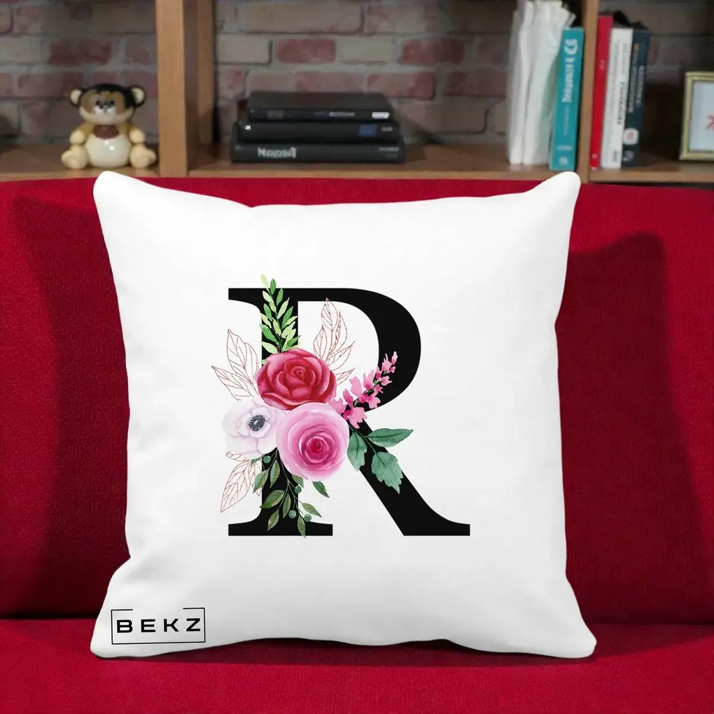 Cadou Personalizat - Perna Personalizata Monograma Florala Litera R, 40x40 cm, Alba Mata, Husa Detasabila, Perna Inclusa, BEKZ®