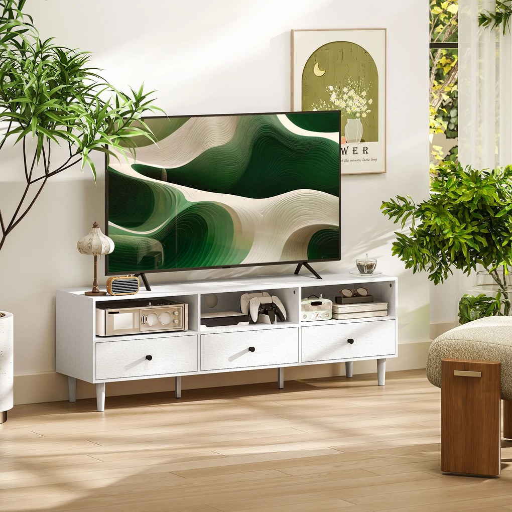 HOMCOM Mobilier TV pentru până la 75" cu 3 sertare, 3 rafturi deschise și pas-cablu, 140 x 34 x 45 cm, alb | Aosom Romania