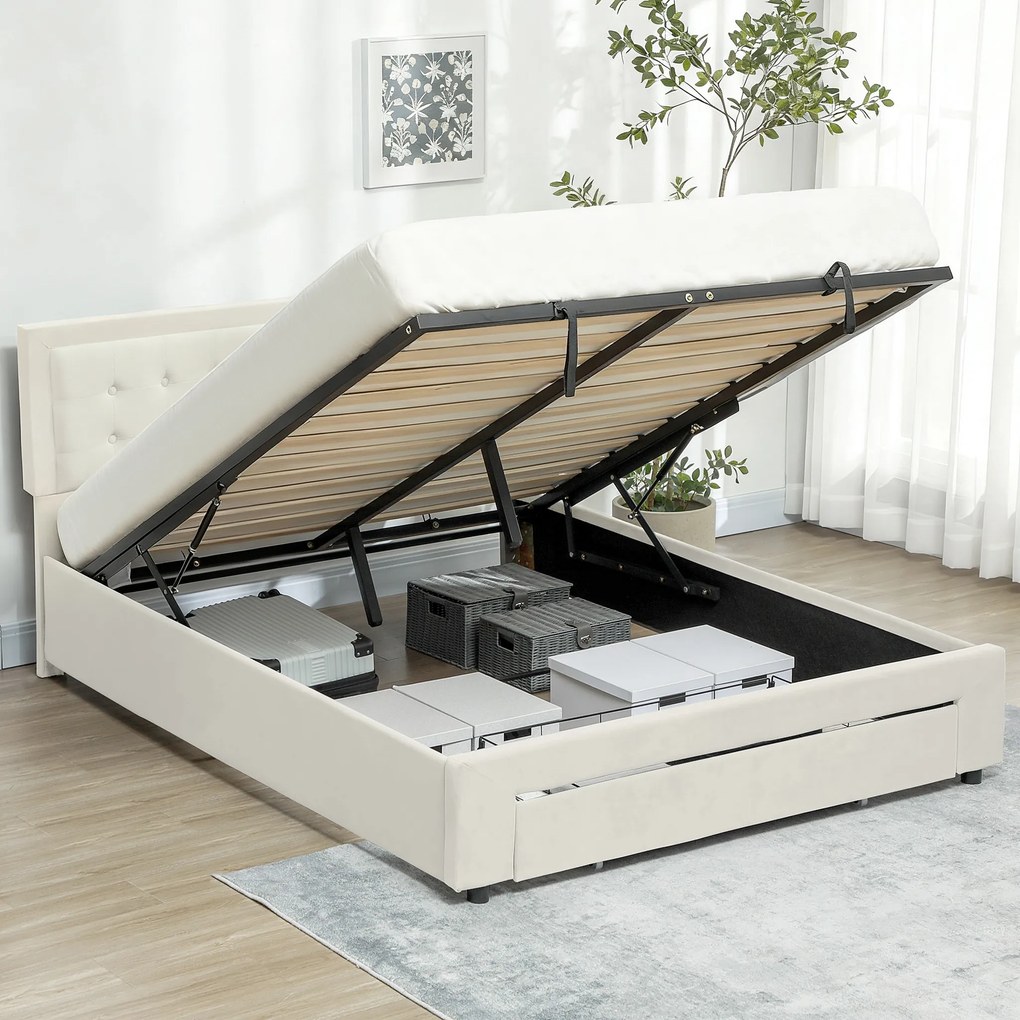 HOMCOM Cadru de pat dublu cu somieră și spațiu de depozitare pe pistoane, sertar pe roți, tăblie reglabilă capitonată efect velur, crem | Aosom Romania