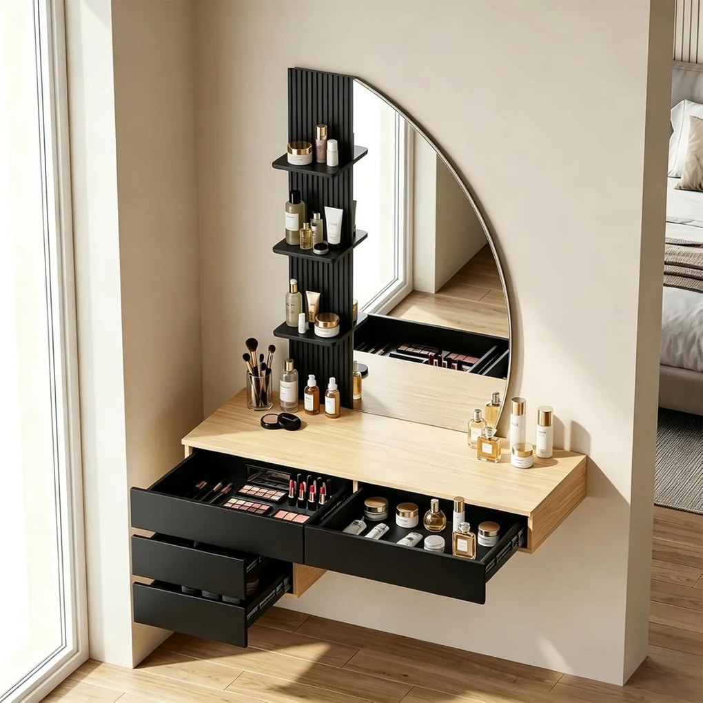 Masuta machiaj cu Oglinda LED si 4 Sertare pentru Cosmetice, Set Masa toaleta 106 cm, Alb - Maro, masuta cosmetica, vanity cu Riflaj si Rafturi -
